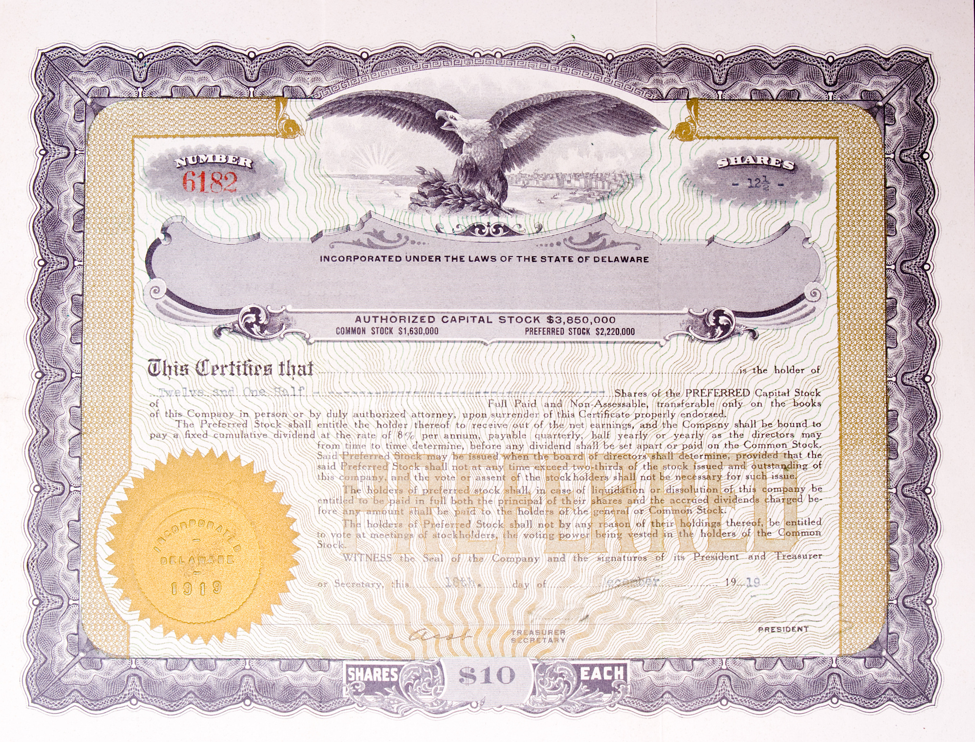 Tiffany & Company, Unique Stock Certificate Model From 1969.